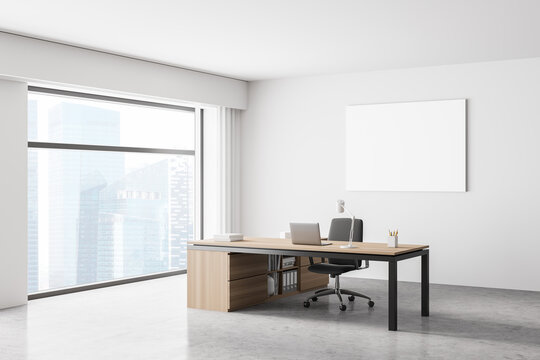 Modern office interior. White poster on wall. Mock up. CEO desk. City view, panoramic window.
