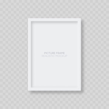 Picture frame mockup. Realistic blank vertical white picture frame template with shadow isolated on transparent background. Vector illustration.