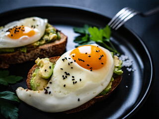 Continental breakfast - sunny side up eggs on toasted bread with avocado on black background
