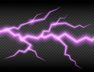 Realistic electric lightning, abstract thunderstorm. Lightning shock isolated on transparent background. Vector illustration.