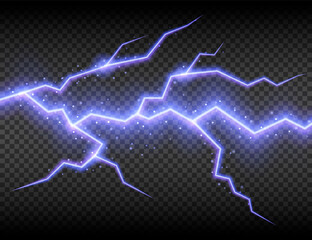 Realistic electric lightning, abstract thunderstorm. Lightning shock isolated on transparent background. Vector illustration.