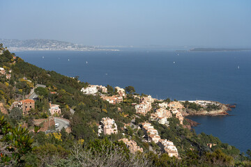 Fototapeta na wymiar Aerial view of the coast of Theoule-sur-Mer on the Mediterranean coast of France.