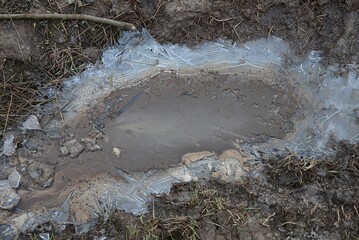 one large frozen puddle with dirty white gray ice 