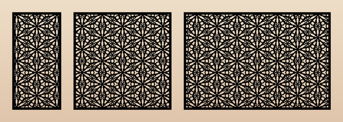 Laser cut patterns. Vector design with elegant geometric ornament, abstract floral grid, snowflake silhouettes. Template for cnc cutting, decorative panels of wood, metal. Aspect ratio 1:2, 1:1, 3:2