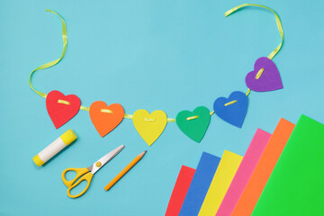 Craft Heart from paper or eva. Spring creative. DIY concept. Easy craft for kids