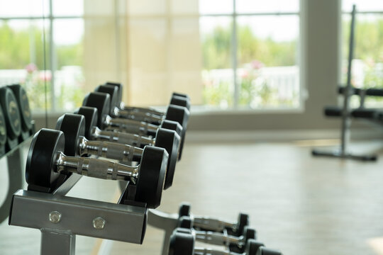 Rows of dumbbell racks at the fitness gym.
