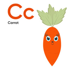 Cute Vegetables anf Fruit Alphabet Series A-Z. Vector ABC. Letter Cc. Carrot. Cartoon fruits and vegetables alphabet for kids. Isolated vector icons illustration. Education, baby showerchildren prints