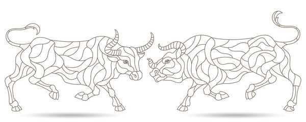 A set of contour illustrations in a stained glass style with abstract bulls, dark contours isolated on a white background