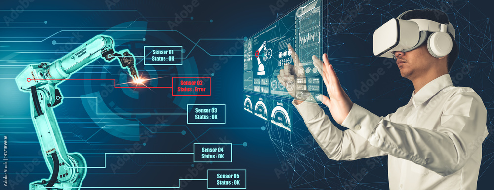 Poster engineer controls robotic arms by augmented reality industry technology application software. smart 