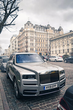 Kyiv, Ukraine - April 2019. Luxury SUV Rolls-Royce Cullinan on the street.