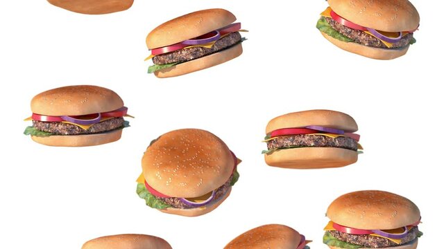 burgers food rain falling, delivery fast food, hamburger falling meat, burger animation 3d render