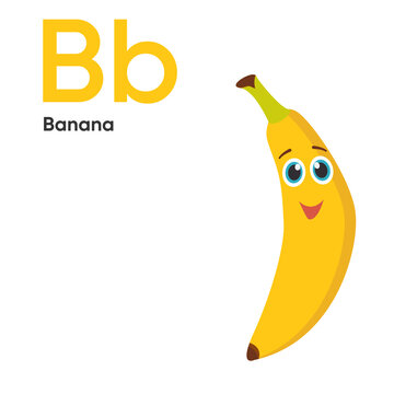 Cute Vegetables anf Fruit Alphabet Series A-Z. Vector ABC. Letter Bb. Banana. Cartoon fruits and vegetables alphabet for kids. Isolated vector iconsEducation, baby showerchildren prints