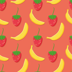 Strawberries and bananas on red seamless pattern. Vector illustration.