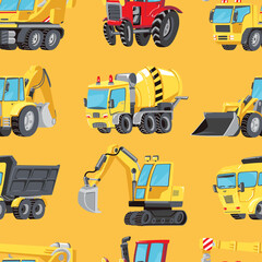 Seamless pattern with colorful toy Trucks, Cars and Road Signs. Red tractor, Excavator, Digger machine, Building machines, Concrete Mixer.