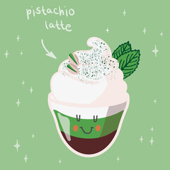 Pistachio latte coffee with whipped cream isolated on a soft green background. Suitable for stickers, menu, flyer and poster. Cute kawaii vector illustration.