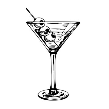Martini glass with olives. Hand drawn alcohol cocktail, vector sketch