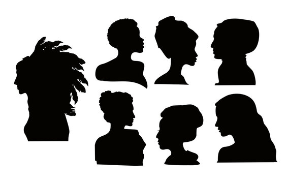 Silhouette profile group of a women of diverse culture. Diversity multi-ethnic and multiracial people set. Diversity multi-ethnic and multiracial people. Women profile. Vector Illustration
