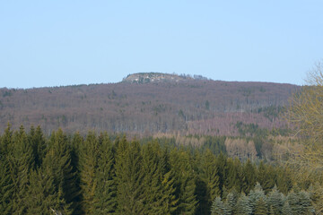 Ore Mountains in Czech Republic. Mountain Summit of Jeleni hora. Late winter panorama. Mining Region UNESCO world heritage. 
