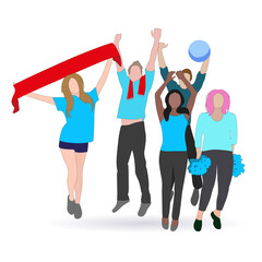 Obraz premium Soccer fans with scarf paraphernalia jump and enjoy
