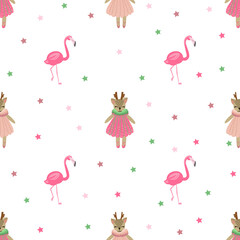Seamless pattern with toy fawn and green stars on brown background