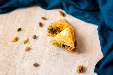 Arabic sweets named baklava filled with pistachio