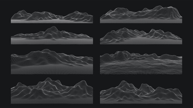 3d sci-fi retro connection background. Wireframe topography landscape. Blockchain and crypto currency technology background. Digital landscape. HUD elements. Big data and artificial intelligence.