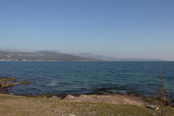 seaweed, rocks and seascape from the shore and hills, mountains in the background
