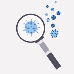 Coronovirus cell under magnifying glass. Covid-19 concept. Quarantine vector illustration. Epidemic, pandemic, medicine, sience.