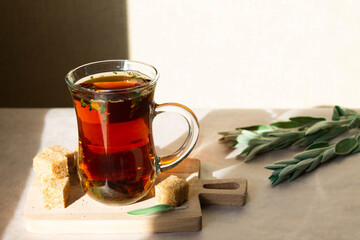 Black tea with sage herbs in a glass cup for drinking tea on a sunny day. Space for text