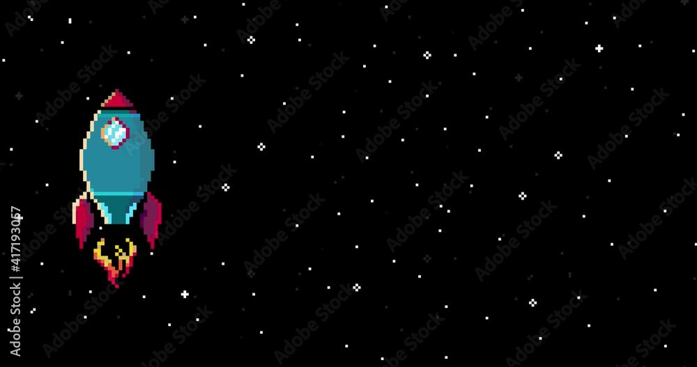 Poster video game animation concept. spaceship in open space. cartoon motion design loop. retro space arcad