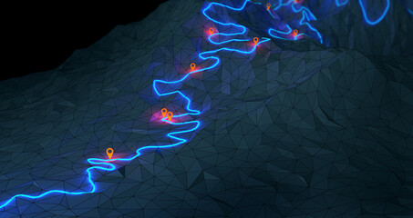 Overview of a winding hiking trail through the mountains with waypoints - 3d illustration © Christoph Burgstedt