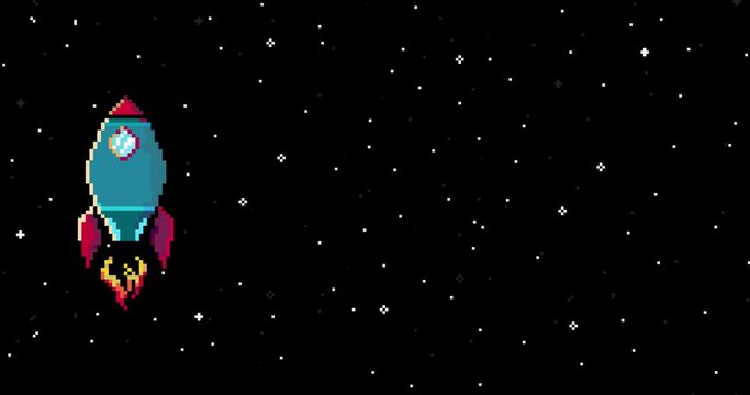 Video Game Animation Concept. Spaceship in open space. Cartoon Motion Design Loop. Retro Space Arcade. Pixel art 8 bit. 