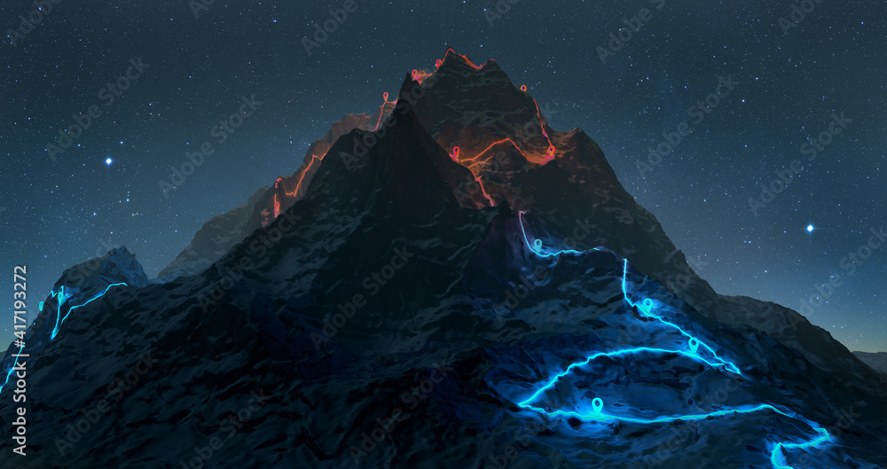Wall mural overview of a winding hiking trail through the mountains with waypoints - 3d illustration