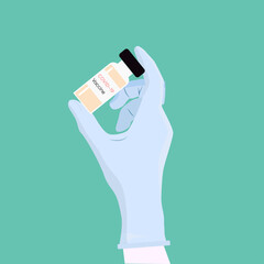 Doctor's hand in a glove holding a vial of coronavirus COVID-19 vaccine. Cartoon vector illustration, banner
