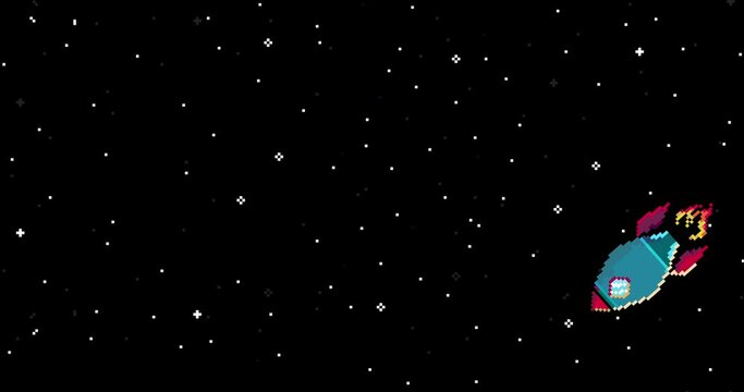 Video Game Animation Concept. Spaceship in open space. Cartoon Motion Design Loop. Retro Space Arcade. Pixel art 8 bit. 
