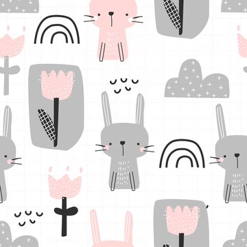Seamless pattern of cute bunny and flowers on a white checkered background. Vector illustration for printing on packaging paper, fabric, postcard. Cute kids background