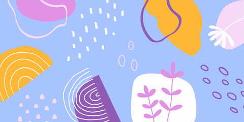 Abstract collage horizontal background in trendy style with botanical and geometric elements, textures. . Vector illustration. Cover for print or web design, textile pattern.