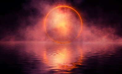 Futuristic abstract empty scene with smoke and neon circle, reflection in water, neon light. Night view. 3D illustration. 