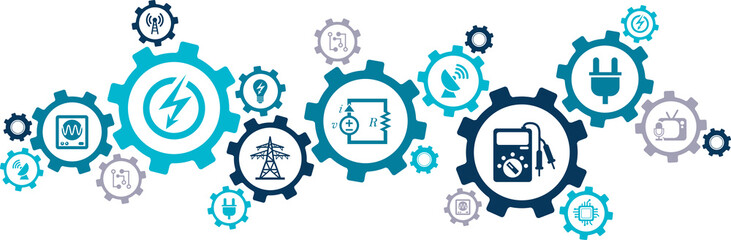 Electrical engineering vector. Concept related to electric equipment, electricity, stem subjects in university, studying to become an electrician, electronic components, education, maintenance.