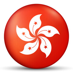 Glass light ball with flag of Hong Kong. Round sphere, template icon. National symbol. Glossy realistic ball, 3D abstract vector illustration highlighted on a white background. Big bubble.