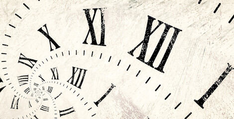 Droste effect background with infinite clock spiral. Abstract design for concepts related to time.