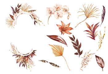 Bohemia Orchids and dry palm leaves, graceful plants, frames, bouquets. Wedding set luxury tropical and copper