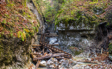 Wooden ladders in gorge of Slovensky raj National park in Slovakia