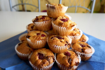 close up of muffins with chocolate and raspberries
