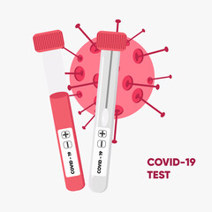 Vector illustration with Covid-19 tests. Saliva test tube and blood test tube. Coronavirus cells on background. Website, landing page template. Medicine and health concept. Covid-19 awareness. 