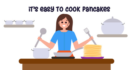Happy young woman cooking pancakes vector illustration