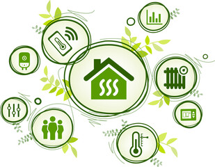 Smart heating / meter vector illustration. Concept with icons related to thermostat or thermometer, energy efficiency, saving or consumption, remote temperature control, home automation technology.