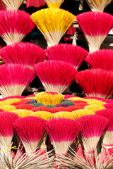 Colorful sticks of handmade ceremonial incense for buddhism ceremony.  Hue.  Vietnam.  25.02.2017