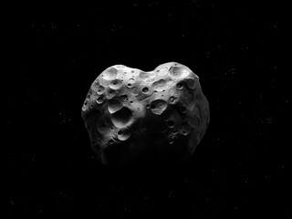 Lone asteroid with craters in space. Asteroid isolated on a black background.