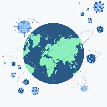 arth attacked by Coronavirus.Coronavirus Covid-19 concept. Quarantine vector illustration. Coronovirus cell on a world map background. Epidemic, pandemic, medicine, virus vaccine.